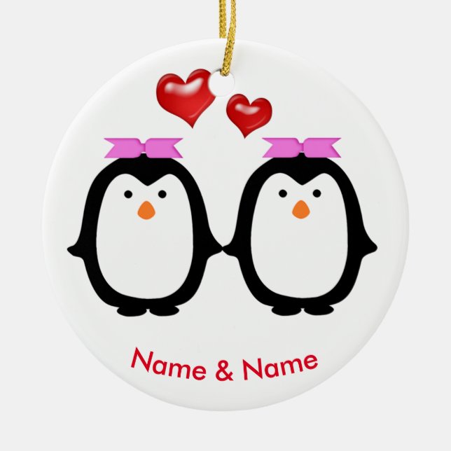 Loving Penguin Couple Two Females Ceramic Tree Decoration (Front)