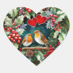 Loving robins, holly and hearts heart sticker