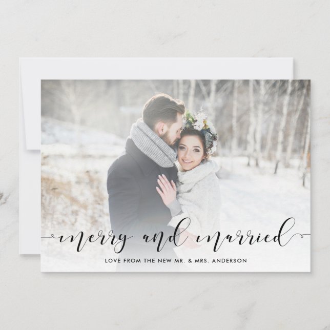 Loving Script | Merry and Married with Photo Holiday Card (Front)