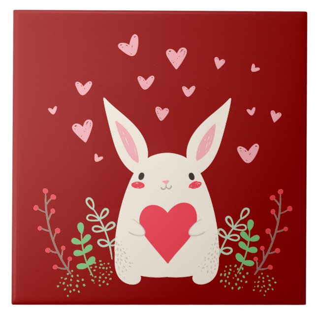 Loving Snuggly Kawaii Bunny Custom Ceramic Tile (Front)