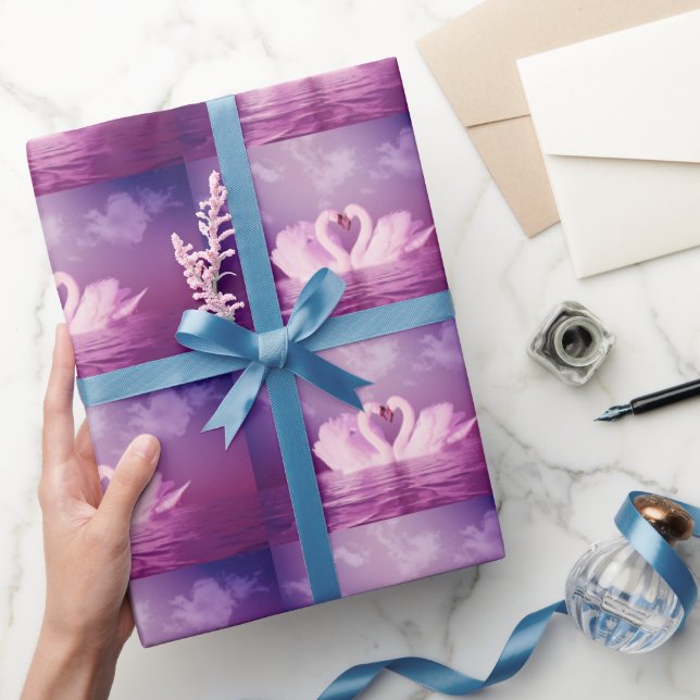 Loving Swans Form Heart Purple Pink Personalised Wrapping Paper (Gifting)