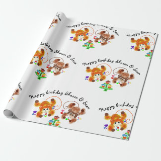 Loving twins monkeys birthday wrapping paper