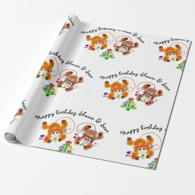 Loving twins monkeys birthday wrapping paper (Unrolled)