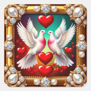 Loving White Doves Framed with Hearts Square Sticker