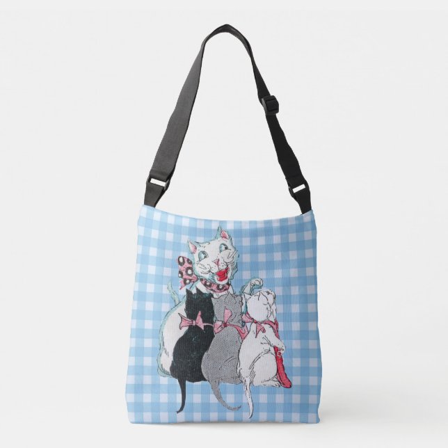 Loving White Mother Cat With Three Kittens Plaid Crossbody Bag (Front)