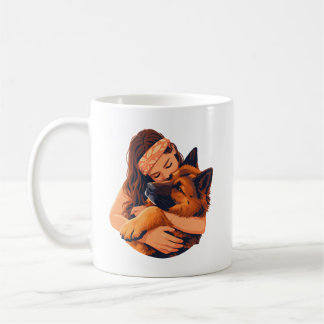 Loving Woman Hugging German Shepherd Dog Coffee Mug