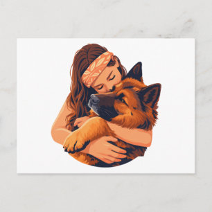 Loving Woman Hugging German Shepherd Dog Postcard