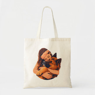 Loving Woman Hugging German Shepherd Dog Tote Bag