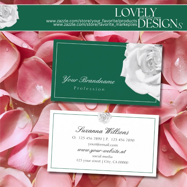 Lovingly White Rose on Green Simple and Pleasant Business Card (Creator Uploaded)
