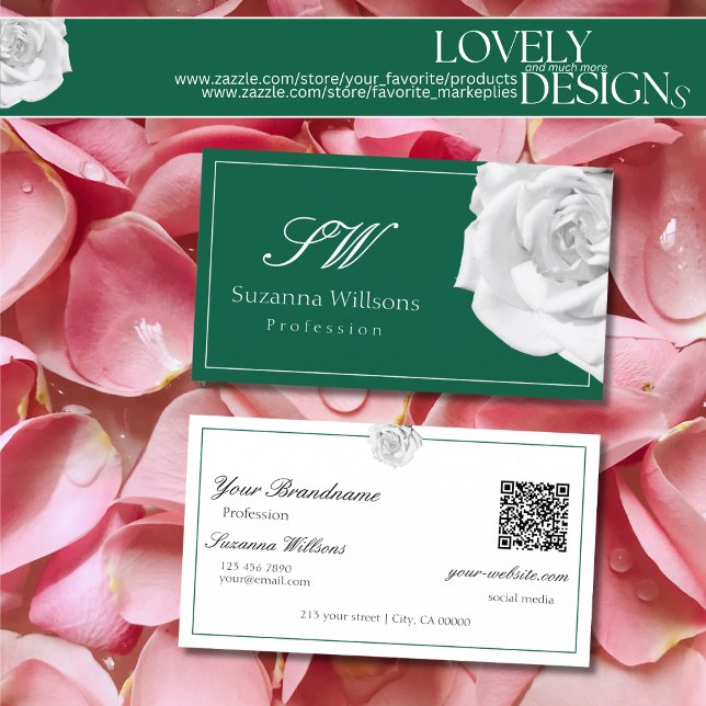 Lovingly White Rose on Green with Initials QR Code Business Card (Creator Uploaded)