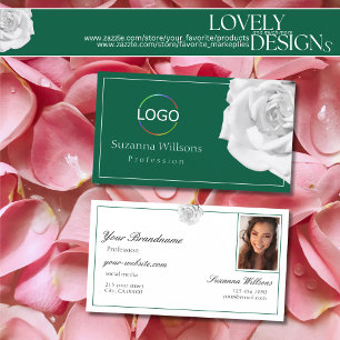Lovingly White Rose on Green with Logo and Photo Business Card