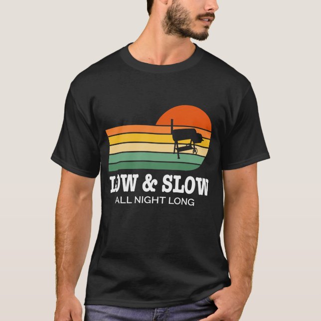 Low and Slow BBQ Barrel Smoker Retro Sunset Design T-Shirt (Front)