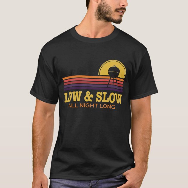 Low and Slow Retro BBQ Kettle Grill Sunset Artwork T-Shirt (Front)