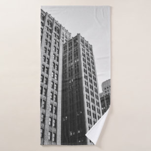 LOW ANGLE GRAYSCALE PHOTOGRAPHY OF HIGH-RISE BUILD BATH TOWEL
