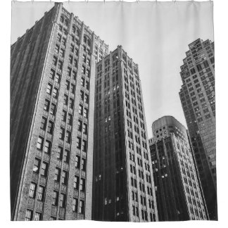 LOW ANGLE GRAYSCALE PHOTOGRAPHY OF HIGH-RISE BUILD SHOWER CURTAIN