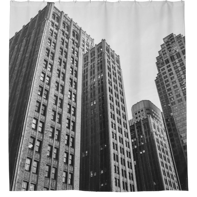 LOW ANGLE GRAYSCALE PHOTOGRAPHY OF HIGH-RISE BUILD SHOWER CURTAIN (Front)
