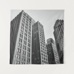 LOW ANGLE GRAYSCALE PHOTOGRAPHY OF HIGH-RISE BUILD TAPESTRY