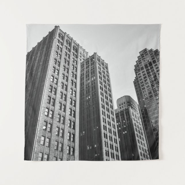 LOW ANGLE GRAYSCALE PHOTOGRAPHY OF HIGH-RISE BUILD TAPESTRY (Front)