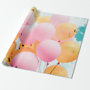 Low-angle photo of pink and orange balloons wrapping paper