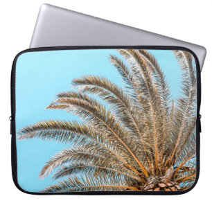 Low-angle photography of a green palm tree under a laptop sleeve