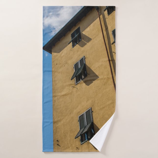 LOW ANGLE PHOTOGRAPHY OF BROWN LOUVER WINDOW BATH TOWEL (Bath Towel)