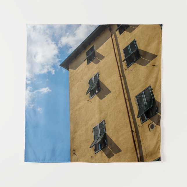 LOW ANGLE PHOTOGRAPHY OF BROWN LOUVER WINDOW TAPESTRY (Front)