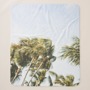 LOW-ANGLE PHOTOGRAPHY OF GREEN COCONUT TREES UNDER SHERPA BLANKET