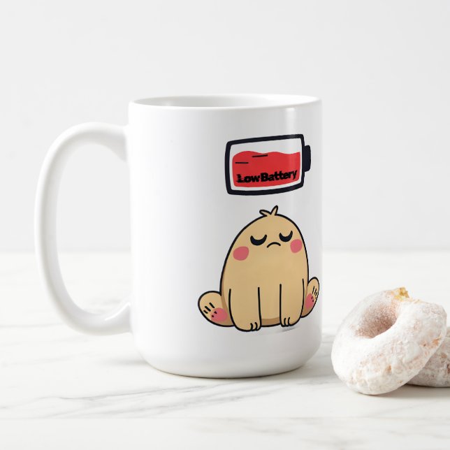 Low Battery Mood – Funny Comic Doodle Coffee Mug (With Donut)