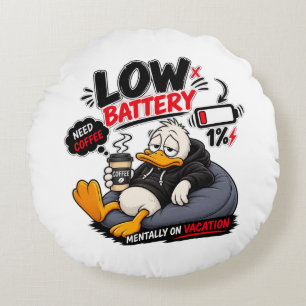 Low Battery Need Coffee – Funny Sleepy Duck Design Round Cushion