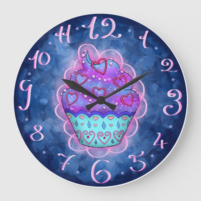 Low blue/pink cupcake with pink hearts large clock (Front)