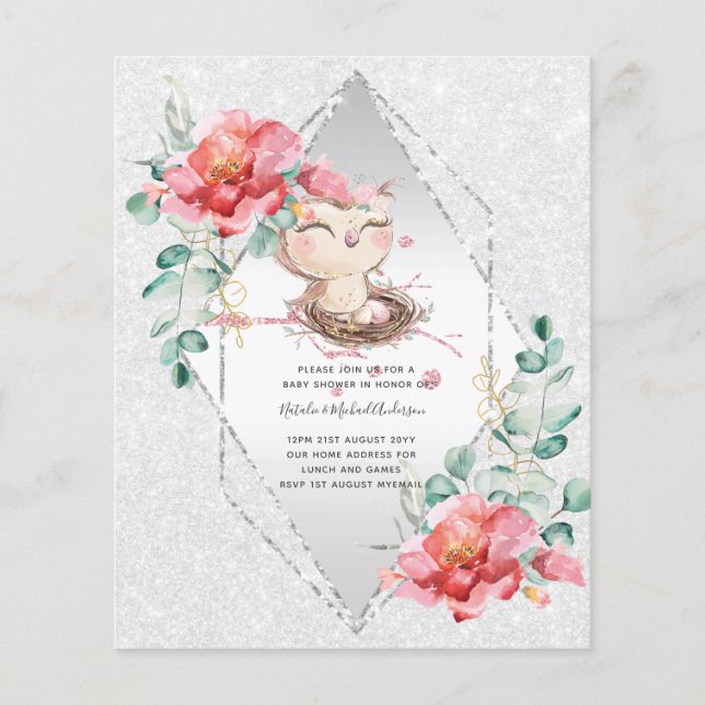 LOW BUDGET BABY SHOWER INVITATIONS Pink OWL Cute Flyer (Front)