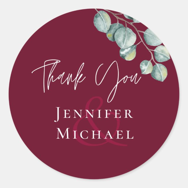 Low Budget BURGUNDY White EUCALYPTUS Wedding Classic Round Sticker (Front)