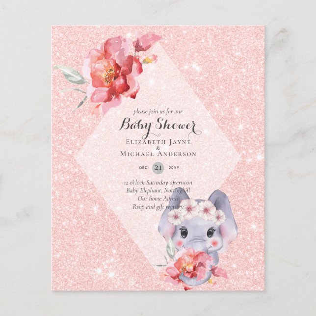 LOW BUDGET Elephant BABY GIRL SHOWER Invite (Front)