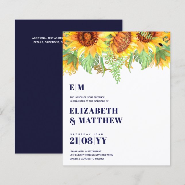 Low Budget Navy Blue Sunflowers Wedding Invite (Front/Back)