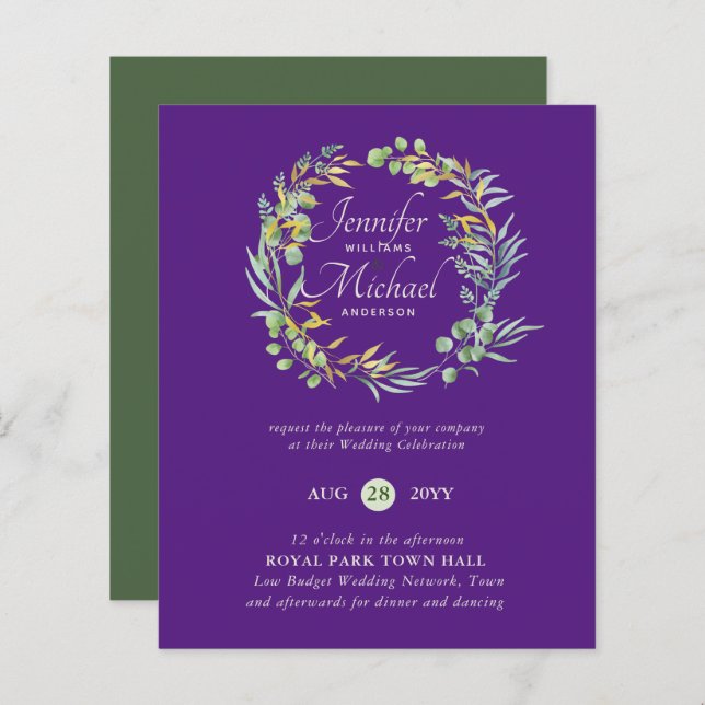 Low Budget Purple Green Floral Wedding Invitation (Front/Back)