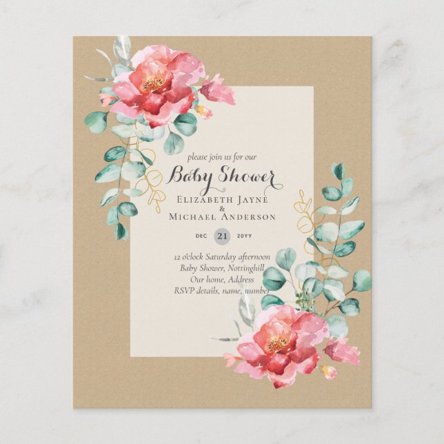 LOW BUDGET Red Floral BABY SHOWER Invitation Flyer (Front)