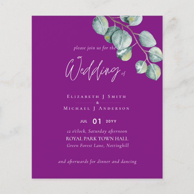 Low Budget VIOLET White EUCALYPTUS Wedding Flyer (Front)