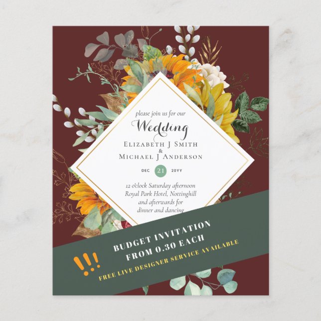 LOW BUDGET WEDDING INVITATIONS - SUNFLOWERS SATIN FLYER (Front)