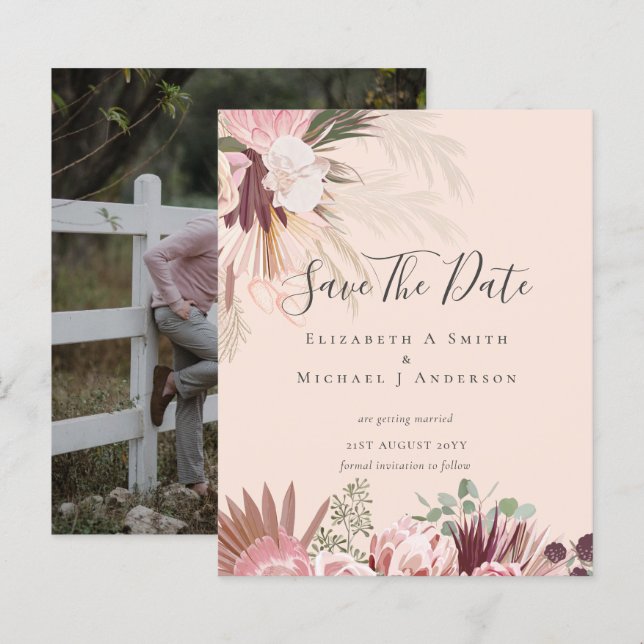LOW COST PHOTO SAVE DATES - Pampas Grass Burgundy (Front/Back)