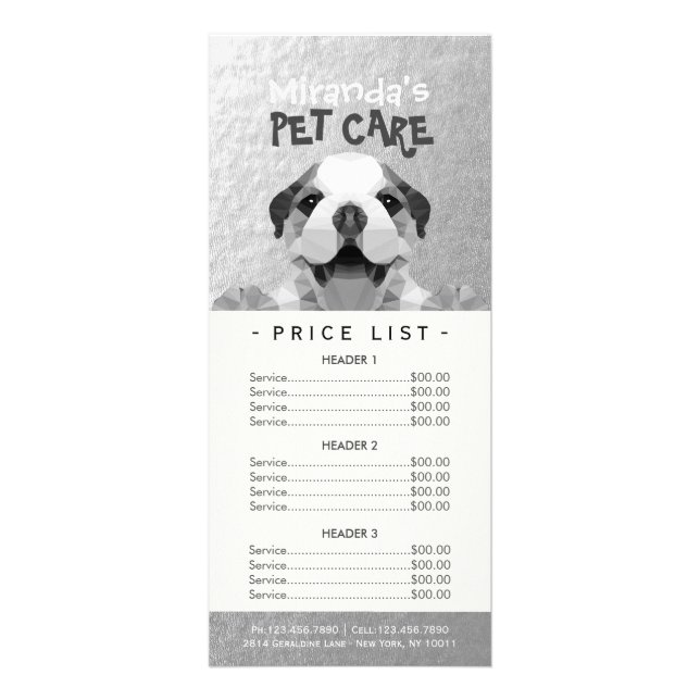 Low Poly Dog Pet Care Grooming Bathing Price List  Rack Card (Front)