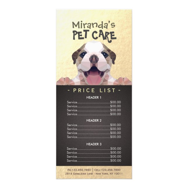 Low Poly Dog Pet Care Grooming Bathing Price List Rack Card (Front)