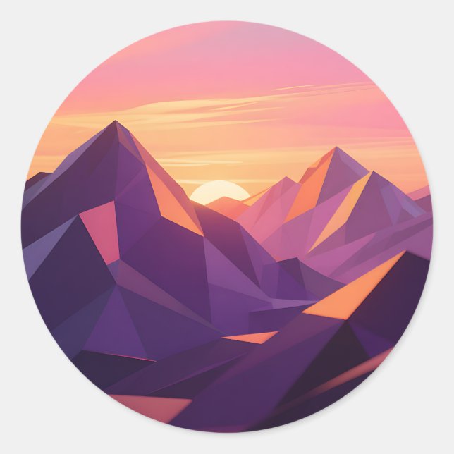 Low Poly Mountain Sunset Geometric Classic Round Sticker (Front)