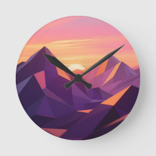 Low Poly Mountain Sunset Geometric Round Clock
