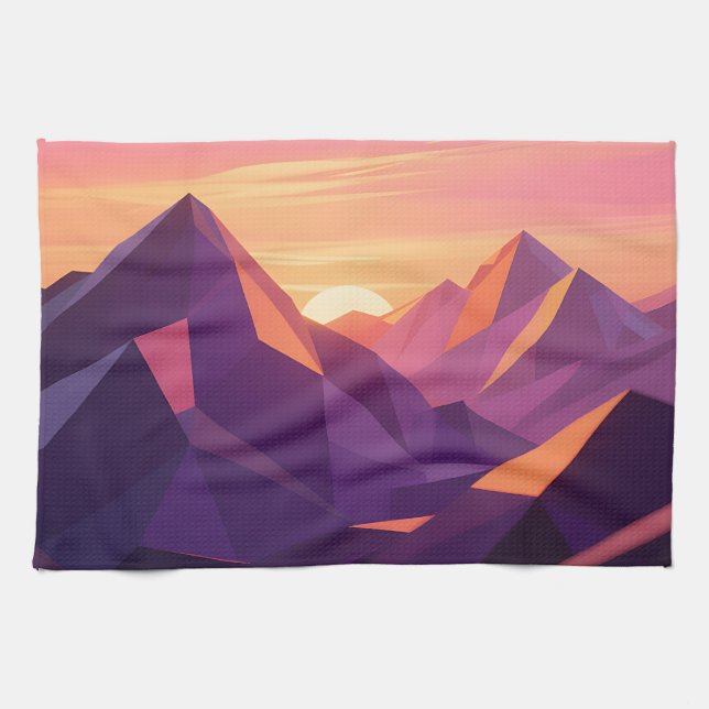 Low Poly Mountain Sunset Geometric Tea Towel (Horizontal)