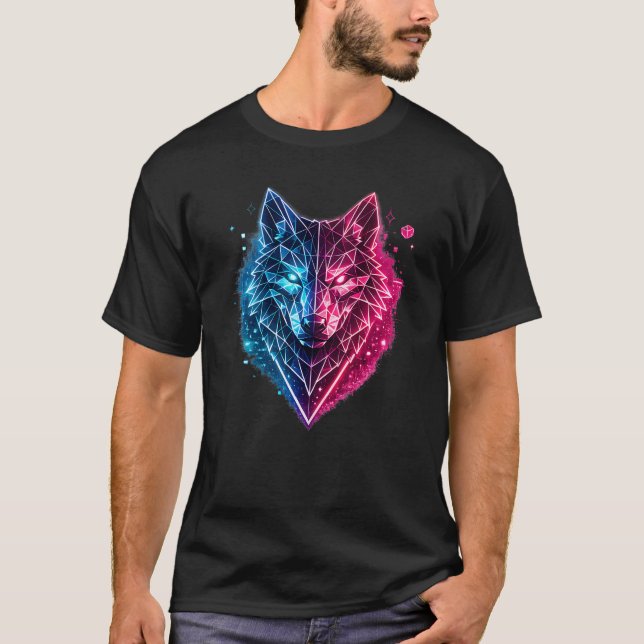 Low Poly Wolf Geometric Synthwave Cyberpunk T-Shirt (Front)