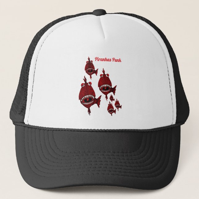 Low Red Killer Piranhas Punk Fishing Angr Trucker Hat (Front)