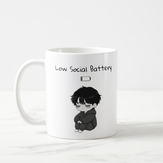 Low Social Battery Relatable Chibi Boy Coffee Mug (Left)