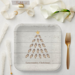 Lowcountry Oyster Christmas Tree on Wood Plank  Paper Plate