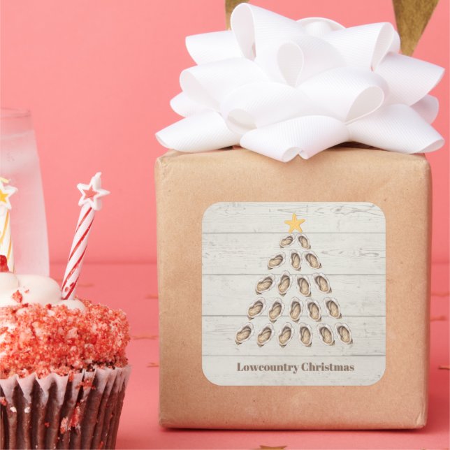 Lowcountry Oyster Christmas Tree on Wood Plank  Square Sticker (Party)