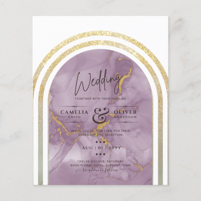 Lowest BUDGET All-in-1 Purple Gold Marble Wedding Flyer (Front)